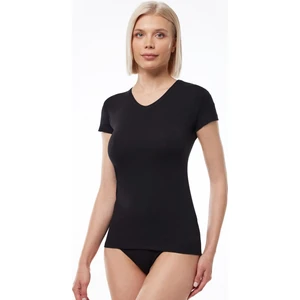 Kadın Siyah V Yaka Kısa Kollu Modal Tişört Body 145