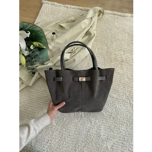 Kadın Antrasit Süet Deri El ve Kol ve Omuz Çantası