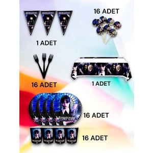 16 Kişilik Wednesday Temalı Premium Set - Doğum Günü Parti ve Eğlenceli Etkinlikler