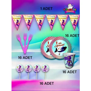 16 Kişilik Deniz Kızı Temalı Eko Set - Doğum Günü Parti ve Eğlenceli Etkinlikler