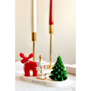 Bulud Design Yeni Yıl 4 Lü Kokulu Yılbaşı Seti  Ahşap Atlı Karınca, Altın Simli Taş Tepsi Çam Ağacı, Geyik Mum