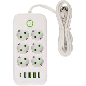 6'lı Akım Korumalı Priz 1.5 Metre Kablo 4 x Usb 1 x Type-C Pd Girişli Grup Priz 16 Ah Akım Korumalı Priz 3000W Güç Anahtarlı Topraklı Çocuk Korumalı