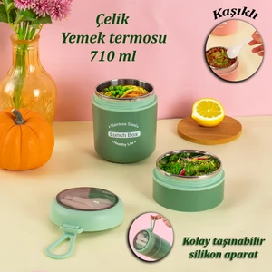 Yemek Termosu Çelik Yemek Termosu Lunch Box Taşınabilir Yemek Kabı Termos 710 Ml - Yeşil