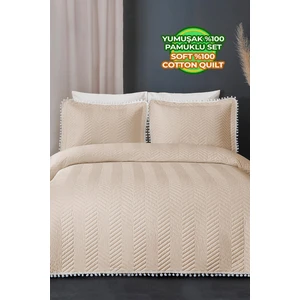 Evlen Home Collection Ollie  Pamuk Yatak Örtüsü ( Pike ) Takımı Çift Kişilik Ponponlu Kapitone Çizgili Günlük Bej