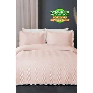 Evlen Home Collection Ollie  Pamuk Yatak Örtüsü ( Pike ) Takımı Çift Kişilik Ponponlu Kapitone Çizgili Günlük Pudra