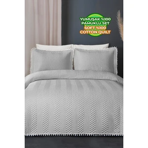 Evlen Home Collection Ollie  Pamuk Yatak Örtüsü ( Pike ) Takımı Çift Kişilik Ponponlu Kapitone Çizgili Günlük Gri