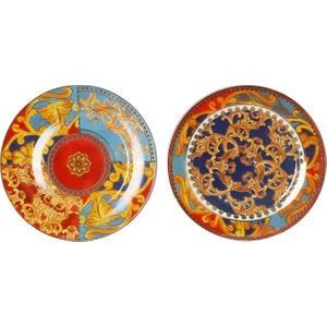 Florance Bone China Porselen Mavi Kırmızı Barok Desenli Ayaklı 4'lü Yemek Tabağı Seti 27 cm