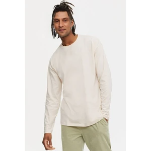 Erkek Ekru Basic Bisiklet Yaka Uzun Kollu T-Shirt %100 Pamuk Sweatshirt