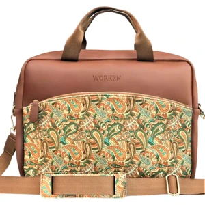 Vegan Deri 15.6 inç Laptop Çantası Omuz Askılı Laptop Çantası, Ofis Çantası, Macbook Pro Air, Şal Desen Baskılı Taba