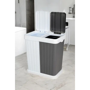 Dokunmatik Kapaklı 2 Bölmeli Kirli Temiz Çamaşır Sepeti Oyuncak Sepeti 80LT Antrasit-Beyaz