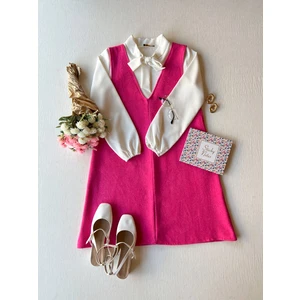 Küçüğüm Butik Kısa Pembe Kaşe Kışlık V Yaka Jile Elbise