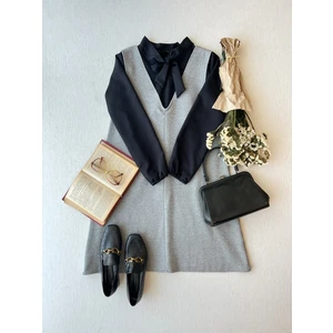 Küçüğüm Butik Kısa Gri Kaşe Kışlık V Yaka Jile Elbise