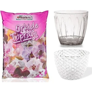 Orkide Toprağı (3lt)  Kristal Saksı (1,5 Lt) - Sade Saksısı Şeffaf (1,5lt) - Besili Orkide Toprağı