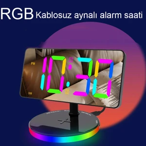Masa Saat LED Dijital Rgb Aynalı Kablosuz Şarj Özelliği