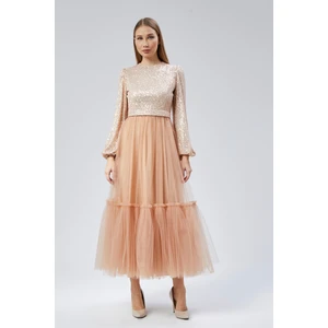 Balon Kol Zara Payetli Tüllü Tesettür Abiye Elbise