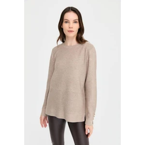 Desen Triko Kadın Sıfır Yaka Yırtmaçlı Kazak 24357 Vizon