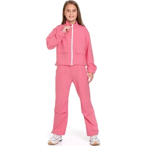 Fermuarlı Beli ve Paçası Büzgülü Lastik Detaylı Gül Kurusu Renk Kız Çocuk Eşofman Takım