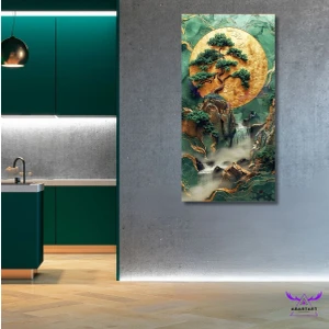 Tekli Panoramik Dikey Kanvas Modern Salon Tablosu Şelale ve Yeşil Orman Tablosu