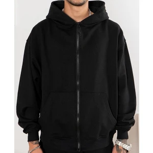 Ethab- Unisex  Fermuarlı Kapşonlu Içi Polarlı Sweatshirt Siyah Cepli Model