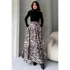Fav Style Kadın Yüksek Bel Çift Cepli Leopar Desenli Uzun Çan Etek