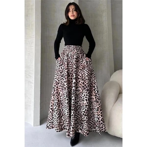Fav Style Kadın Yüksek Bel Çift Cepli Leopar Desenli Uzun Çan Etek