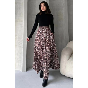 Fav Style Kadın Yüksek Bel Çift Cepli Leopar Desenli Uzun Çan Etek