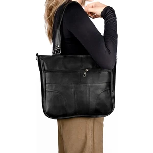 Huflex Hakiki Deri Siyah Deri Çok Gözlü Geniş Omuz Askılı Çift Askılı Kol Çantası-Omuz Çantası