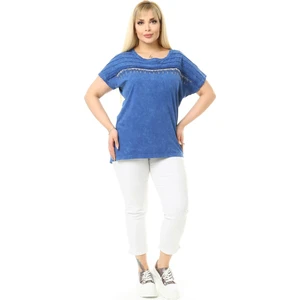 Mia Butik Büyük Beden Mavi Omuzları Taş Detaylı Bluz