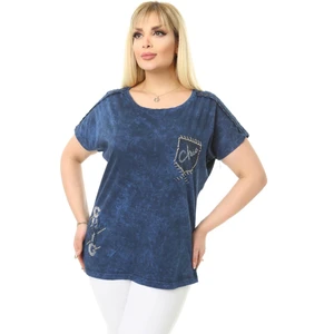 Mia Butik Büyük Beden Lacivert Omuzları Dantel Detaylı Bluz