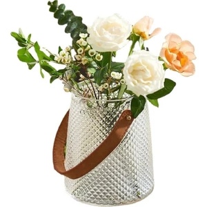 Bak Gel Al Sumka Deri Kulp Detaylı Şeffaf Cam Vazo, Iskandinav Şıklığı, Zarif ve Fonksiyonel Tasarım, Anneler Günü Hediyesi
