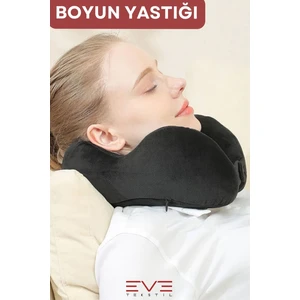 Eve Tekstil Ortopedik Boyun Yastığı Visco Boyun Destekli Seyahat Yastığı Hipoalerjik Gri - Siyah