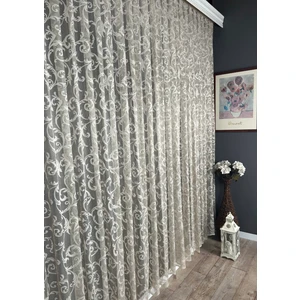 Şal Desen Tül Perde, Pilesiz Düz Dikim, Ekstrafor Büzgü, Bej - 100 x 260 cm