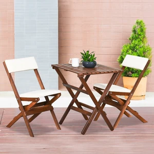 Ahşap Katlanır Döşeme Minderli 3 Lü Bistro Set Bahçe Takımı (Ceviz-Krem)