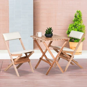 Ahşap Katlanır Döşeme Minderli 3 Lü Bistro Set Bahçe Takımı (Naturel-Krem)
