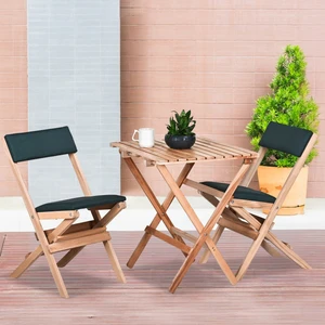 Ahşap Katlanır Döşeme Minderli 3 Lü Bistro Set Bahçe Takımı (Naturel-Yeşil)