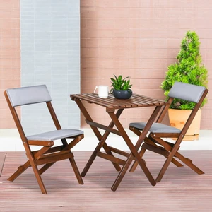 Ahşap Katlanır Döşeme Minderli 3 Lü Bistro Set Bahçe Takımı (Ceviz-Gri)