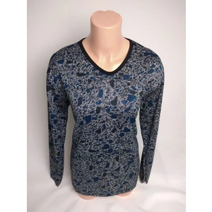 Kadın Mavi Siyah V Yaka Uzun Kollu Yanları Yırtmaçlı Mevsimlik  Anne Penye Tişört Bluz