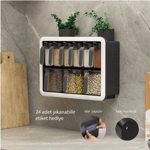 Standlı 9lu Baharatlık Takımı Kendinden Yapışkanlı Kaşıklı ve Kapaklı Baharatlık Seti