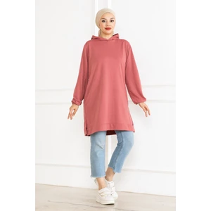 Kadın Kapüşonlu Fuşya Uzun Tesettür Tunik Sweatshirt