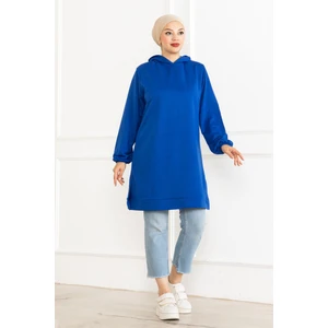 Kadın Kapüşonlu Saks Mavi Uzun Tesettür Tunik Sweatshirt