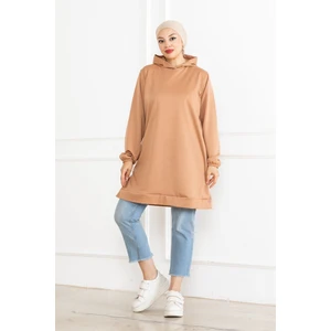 Kadın Kapüşonlu Bej Uzun Tesettür Tunik Sweatshirt