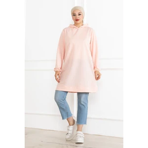 Kadın Kapüşonlu Pembe Uzun Tesettür Tunik Sweatshirt