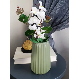 Mint Yeşili Renk Çizgili Büyük Boy Vazo Konik Iskandinav Tarz Bohem Uzun Çizgili Vazo