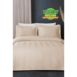 Evlen Home Collection Ross  Pamuk Yatak Örtüsü ( Pike ) Takımı Çift Kişilik Kapitone Çizgili Günlük Yıkanabilir Bej
