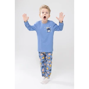 Erkek Çocuk Pamuklu Baskılı Bisiklet Yaka Uzun Kollu Manşetli Pijama Takımı 9604-1 Açık Mavi