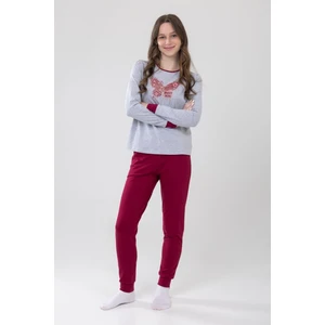 Kız Çocuk Pamuklu Baskılı Bisiklet Yaka Uzun Kollu Manşetli Pijama Takımı 9238-1 Gri