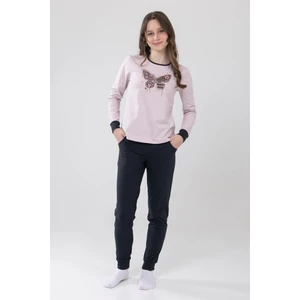 Kız Çocuk Pamuklu Baskılı Bisiklet Yaka Uzun Kollu Manşetli Pijama Takımı 9238-1 Açık Lila