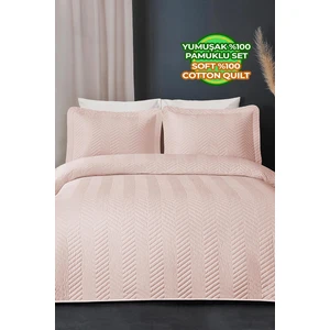 Evlen Home Collection Ross  Pamuk Yatak Örtüsü ( Pike ) Takımı Çift Kişilik Kapitone Çizgili Günlük Yıkanabilir Pudra