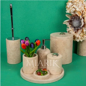 Miarik Design Dekoratif Traverten Mermer Oval Banyo Seti Takımı 7 Li Pirinç Detaylı Tasarım Set