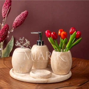 Miarik Design Dekoratif Traveren Mermer Oval Banyo Seti Takımı 5 Li Tasarım Set